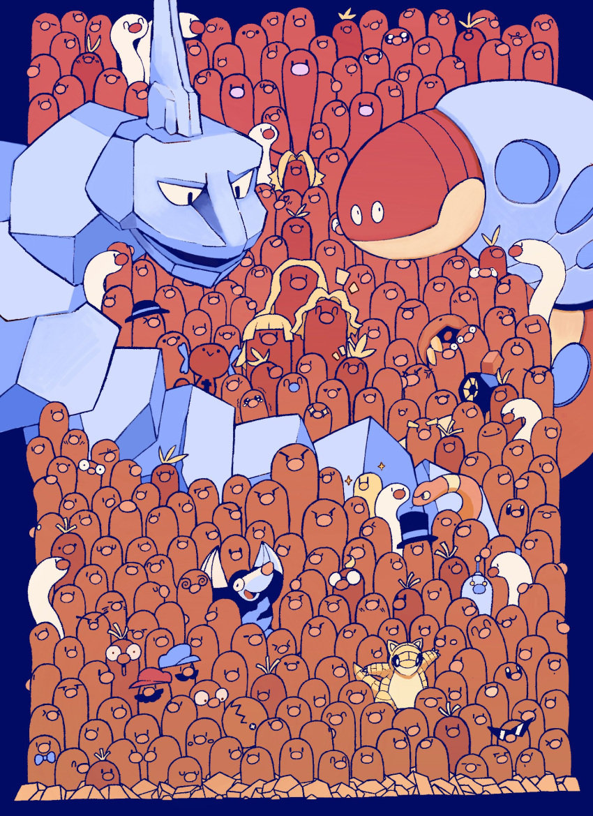 @_@ alolan_diglett alolan_dugtrio alternate_color anger_vein blonde_hair blue_headwear bow bowtie closed_eyes closed_mouth clothed_pokemon commentary cosplay diglett ditto drilbur dugtrio ekans english_commentary evolutionary_line facial_hair hat heart heart-shaped_eyes highres kabuto_(pokemon) looking_at_another looking_at_viewer luigi luigi_(cosplay) mario mario_(cosplay) mario_(series) mustache no_humans notice_lines on_head onix orthworm paldean_wooper pauldrawsart pokemon pokemon_(creature) pokemon_on_head red_headwear roggenrola sandshrew shiny_pokemon smile sunglasses tearing_up thick_eyebrows too_many transformed_ditto trapinch triangular_eyewear wiglett wugtrio