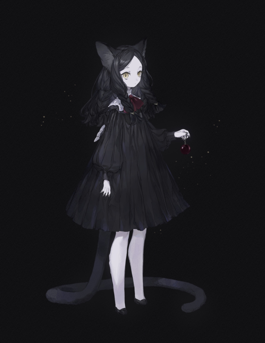 1girl absurdres animal_ear_fluff animal_ears animal_feet arm_at_side ascot bare_legs bauble black_background black_dress black_footwear black_hair black_nails braid cat_ears cat_girl cat_tail commentary dress full_body highres holding hoshi_rousoku light_particles long_hair long_sleeves looking_at_viewer looking_to_the_side original puffy_long_sleeves puffy_sleeves quad_braids red_ascot side_braid simple_background solo standing tail yellow_eyes