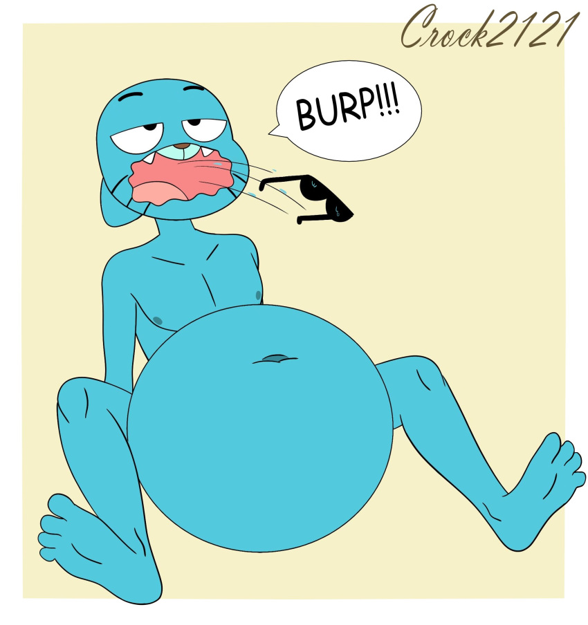2022 after_vore animal_humanoid anthro blue_body burping burping_up_glasses burping_up_object cartoon_network cat_humanoid colored crock2121 domestic_cat feet felid felid_humanoid feline feline_humanoid felis gumball_watterson hi_res humanoid inflated_belly male mammal mammal_humanoid nipples nude pecs solo the_amazing_world_of_gumball vore young