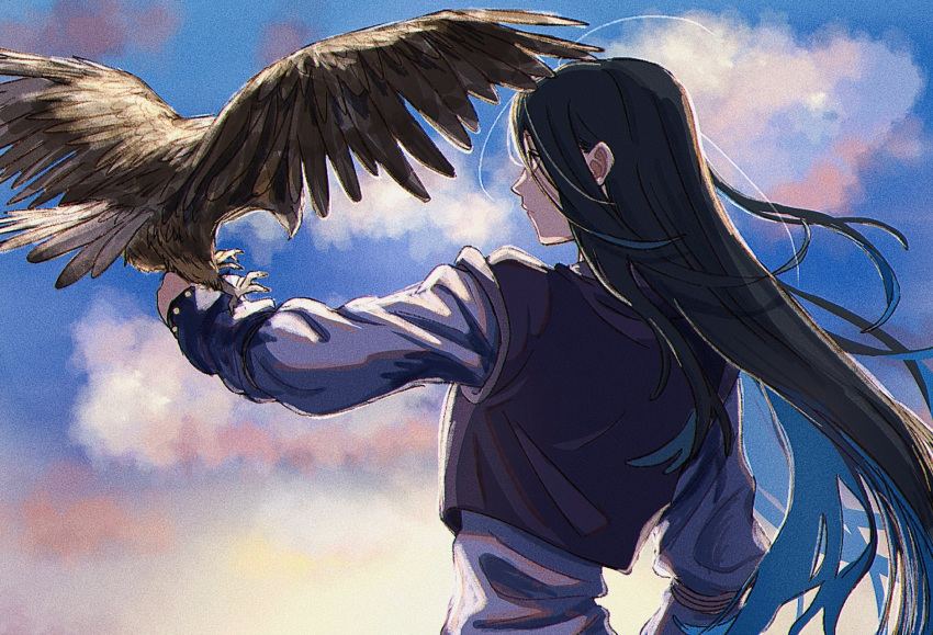 1boy animal arm_at_side bird black_hair cloud day floating_hair from_behind highres hunter_x_hunter illumi_zoldyck landing long_hair long_sleeves looking_at_animal male_focus outdoors outstretched_arm profile purple_vest shirt sky straight_hair thicopoyo upper_body very_long_hair vest white_shirt