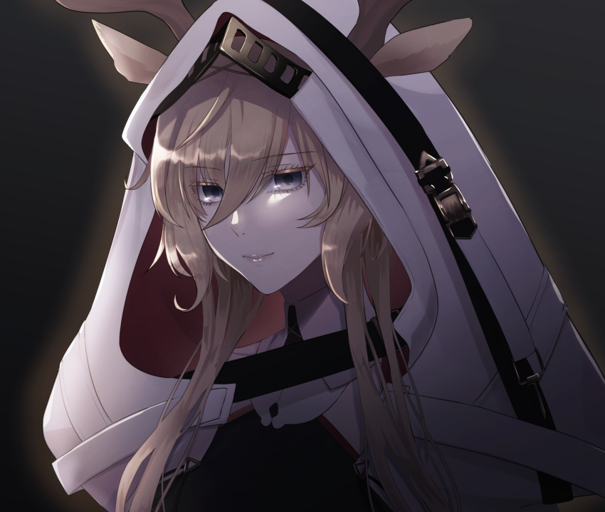 1girl animal_ears antlers_through_headwear arknights bangs black_background blonde_hair blue_eyes cape commentary deer_antlers deer_ears deer_girl gogo5rilla highres hood hooded_cape long_hair solo upper_body viviana_(arknights) white_cape