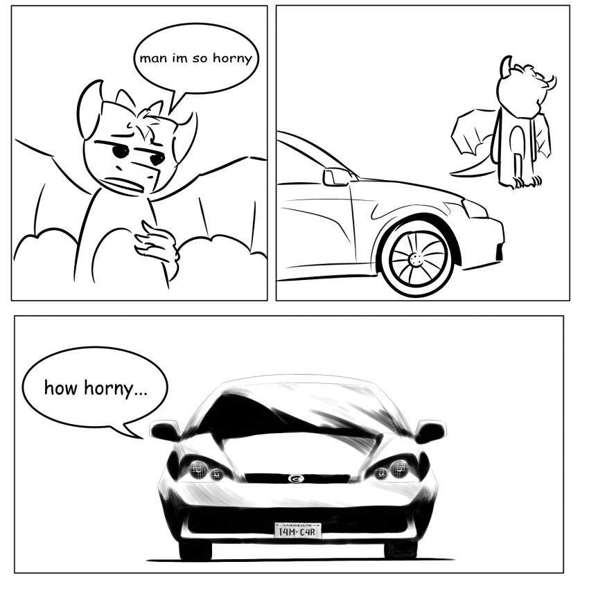 1:1 2023 3_toes animate_inanimate anthro car comic dragon dragons_fucking_cars dullanson feet frown hi_res horn how_horny... male membrane_(anatomy) membranous_wings meme monochrome sad speech_bubble standing tire toes vehicle wings