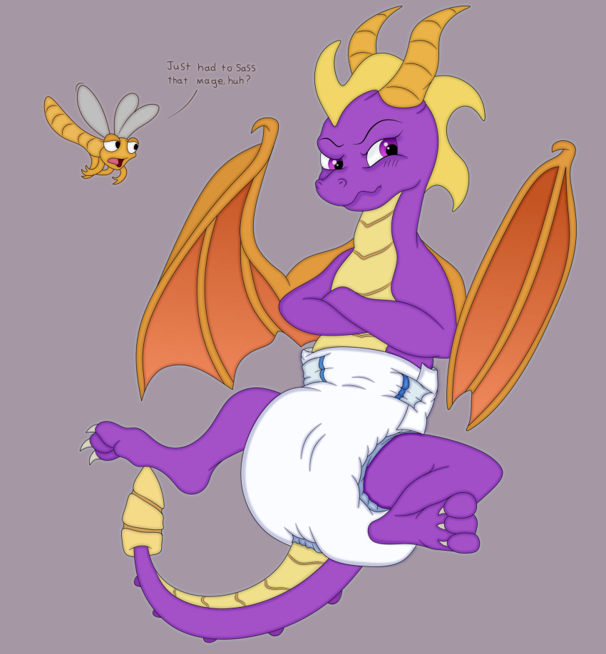 activision arthropod blush claws crossed_arms dialogue diaper dragon dragonfly duo feral flying grumpy hi_res hodgepodgedl horn insect looking_aside lying male on_back sparx speech_bubble spread_legs spreading spyro spyro_the_dragon wings