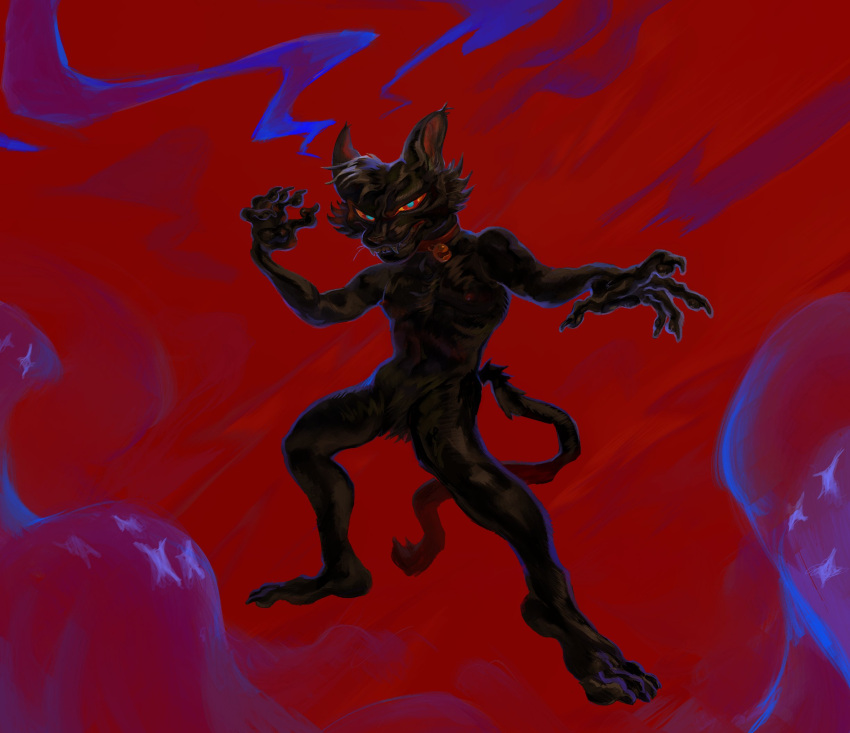 2022 animal_humanoid anthro batbrainzzz black_body blue_eyes cat_humanoid collar collar_only digital_media_(artwork) digital_painting_(artwork) domestic_cat fangs_bared felid felid_humanoid feline feline_humanoid felis hi_res humanoid male mammal mammal_humanoid multicolored_eyes nude pose red_background red_eyes simple_background solo yellow_sclera