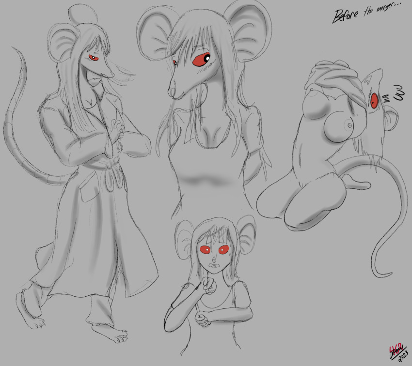 4_toes anthro barefoot blush blush_lines breasts cleavage clothed clothing coat feet female grey_background hair hi_res kneeling long_hair long_tail mammal murid murine nervous rat red_eyes rodent ruby_(word360) shirt shy simple_background smile solo tail toes topwear trenchcoat undressing word360