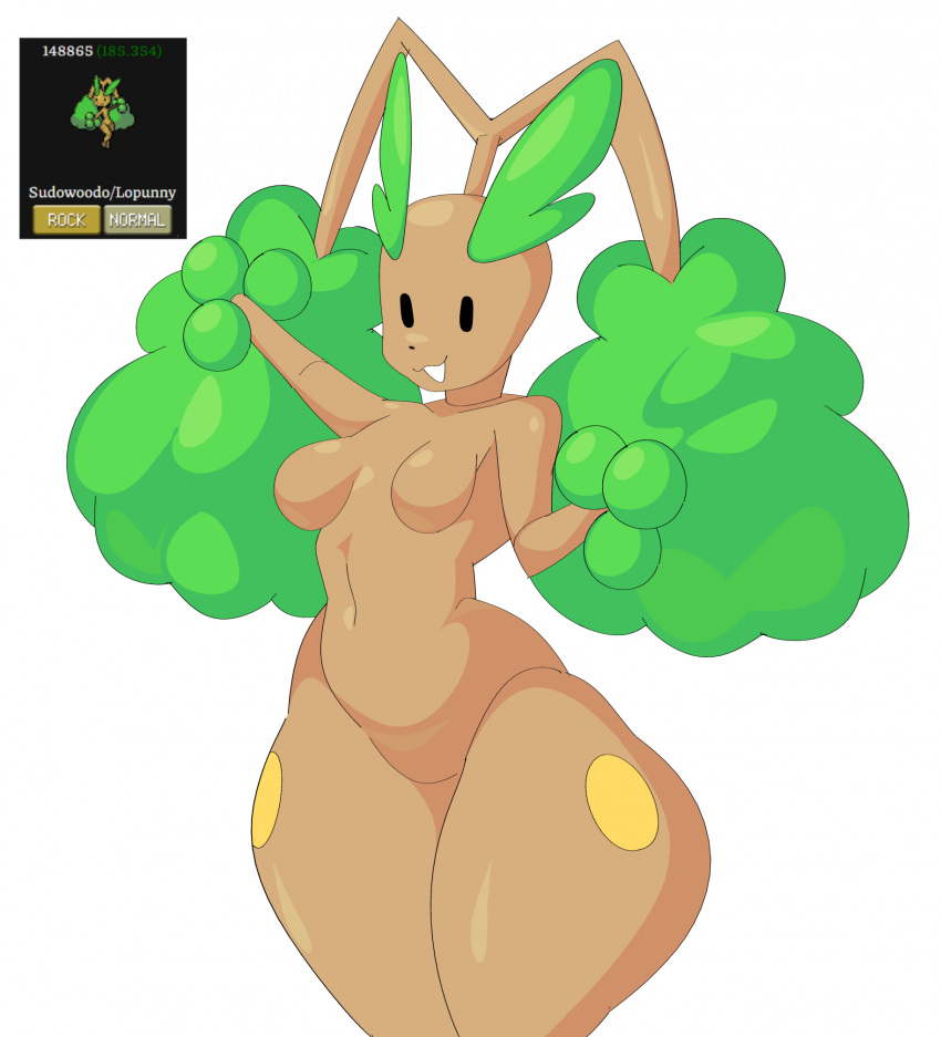 anthro black_eyes breasts brown_body cytrusawa english_text featureless_breasts featureless_crotch female fusion generation_2_pokemon generation_4_pokemon hi_res hybrid lopunny navel nintendo nude open_mouth pokemon pokemon_(species) pokemon_fusion solo sudowoodo text thick_thighs wide_hips