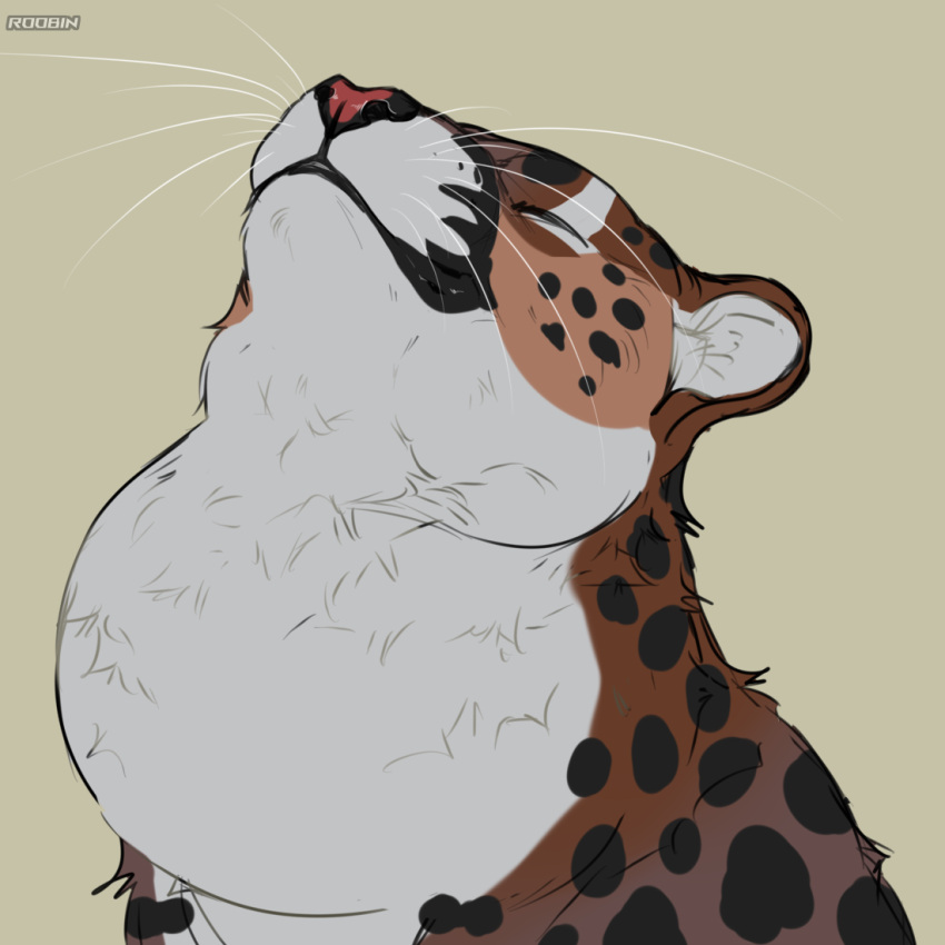 1:1 ambiguous_gender artist_name black_spots brown_body brown_fur closed_smile eyes_closed facial_spots felid feral fur mammal mouth_closed neck_bulge roobin simple_background solo spots spotted_back spotted_body spotted_face spotted_fur spotted_neck swallowing whiskers white_body white_fur