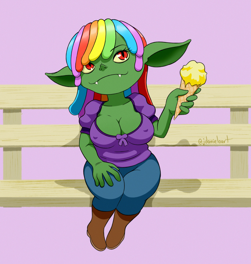 absurd_res bench breasts chispa_(jdanieloart) cleavage clothed clothing dessert erect_nipples fangs female food goblin hair hi_res humanoid ice_cream jdanieloart multicolored_hair nipples pupils slit_pupils smile solo teeth