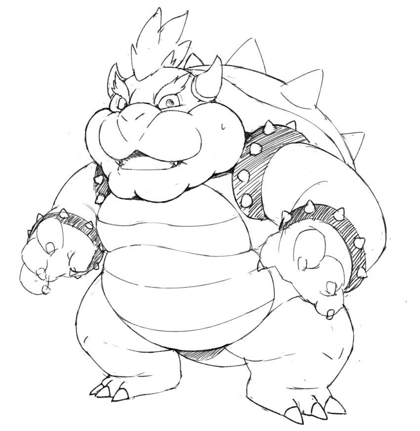 anthro bowser claws hair horn koopa male mario_bros monochrome nintendo red_hair scalie shell short_tail simple_background solo spikes standing tail zephy_03