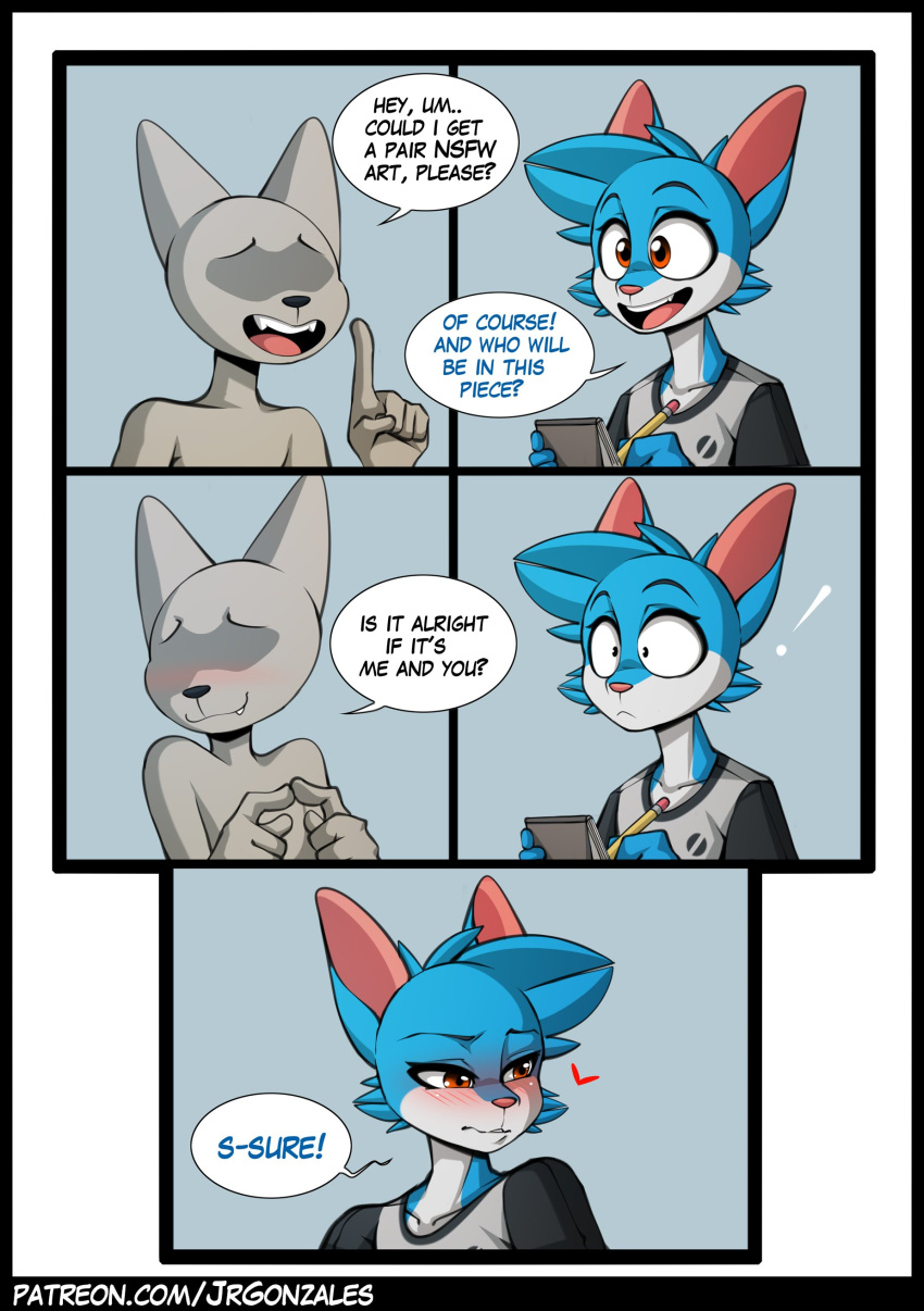 &lt;3 5_panel_comic absurd_res ambiguous_gender anon anthro biped black_nose blue_body blue_ears blue_fur blue_hair blush clothed clothing comic cute_fangs duo english_text felid feline fur grey_body grey_ears grey_fur hair hi_res jay-r jay-r_(character) looking_away male mammal monotone_body monotone_ears monotone_fur multicolored_body multicolored_fur nervous open_mouth pink_inner_ear pink_nose red_eyes shirt surprise t-shirt text topwear two_tone_body two_tone_fur url white_body white_fur