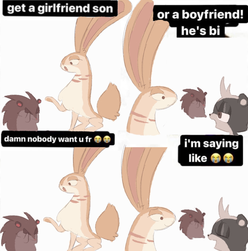 bodily_fluids crying dialogue emoji encouragement english_text eulipotyphlan female feral group hedgehog hi_res humor labbit1337 lagomorph leporid male mammal meme mephitid rabbit skunk tears text trio