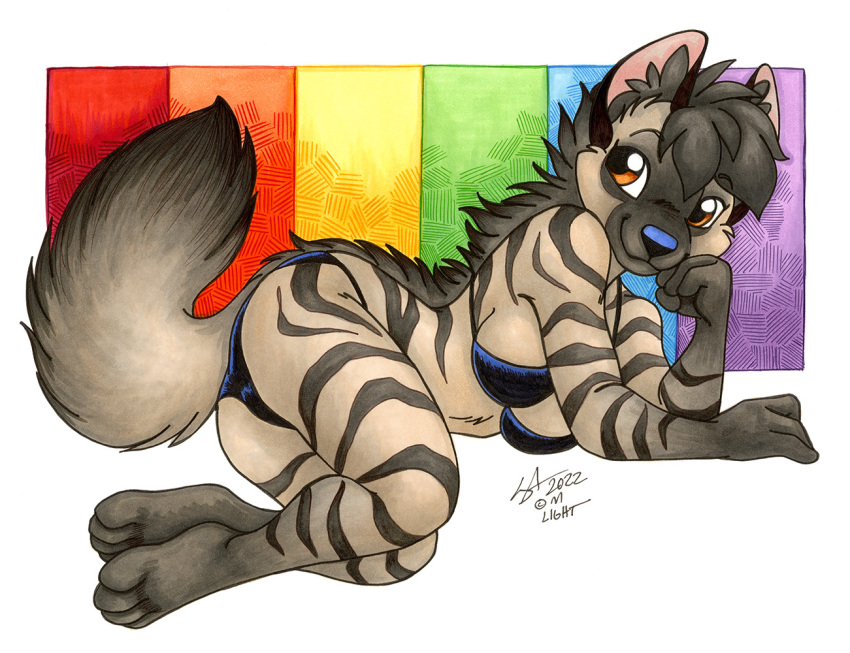 2022 aardwolf anthro black_body black_fur black_hair breasts brown_eyes clothing female fur grey_body grey_fur hair hyena mammal michele_light rainbow_background simple_background solo swimwear