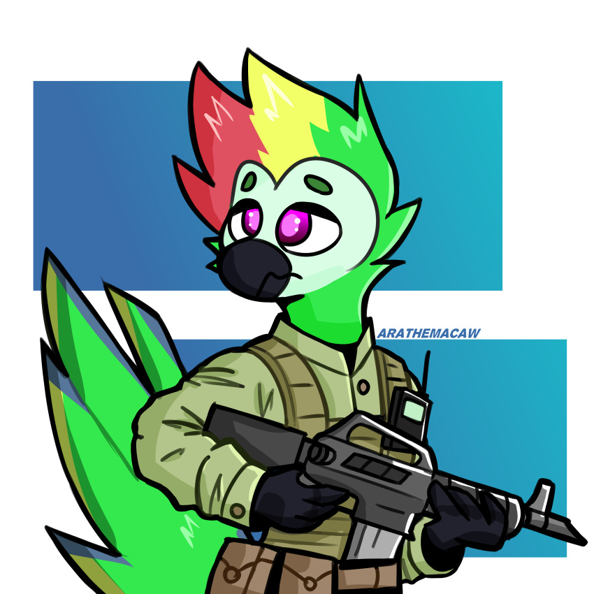 1:1 absurd_res anthro ara_(arathemacaw) arathemacaw avian bird feathers green_body green_feathers gun hi_res m4a1 macaw male military neotropical_parrot parrot ranged_weapon soldier solo true_parrot warrior weapon