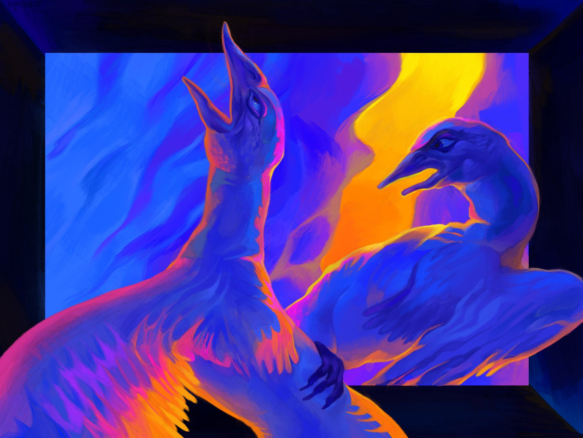 2022 4:3 ambiguous_gender anatid anseriform anserinae avian batbrainzzz beak bird blue_background digital_media_(artwork) digital_painting_(artwork) feral fur goose hi_res multicolored_body multicolored_fur neon_colors simple_background solo spread_wings wings