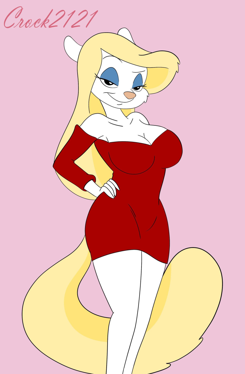 2022 absurd_res animaniacs anthro big_breasts blonde_hair breasts cleavage clothed clothing crock2121 dress eyelashes female fur hair hi_res long_eyelashes looking_at_viewer mammal minerva_mink mink mustelid musteline red_clothing red_dress signature solo tail tight_clothing true_musteline warner_brothers white_body white_fur yellow_tail