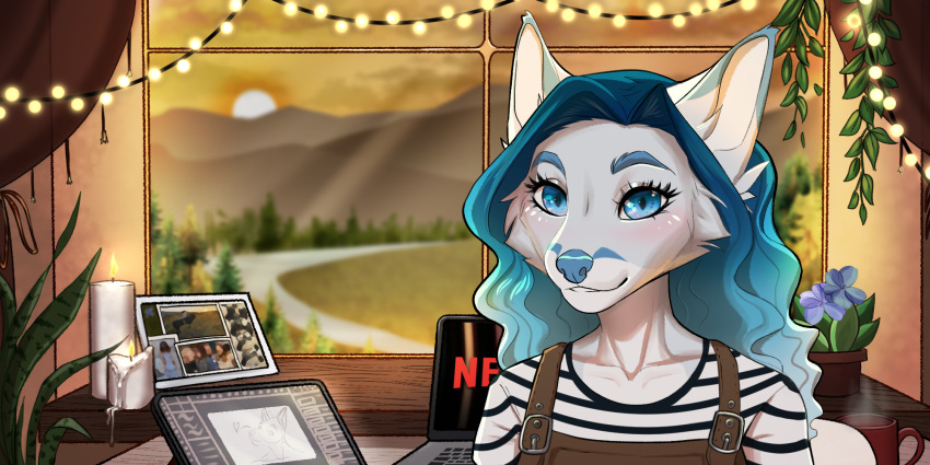 2023 2:1 amur anthro blue_eyes blue_hair blue_nose breasts canid canine clothed clothing day digital_media_(artwork) eyebrows eyelashes female fox hair hi_res inside mammal smile sun