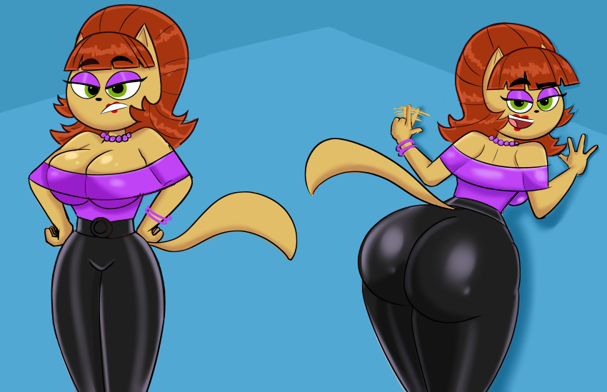 absurd_res anthro big_breasts big_butt breasts brown_body brown_fur butt clothing felid female finger_wag fur green_eyes hi_res kitty_katswell legwear lipstick looking_back makeup mammal nickelodeon olerr solo t.u.f.f._puppy tagme thick_thighs tight_clothing tights wide_hips