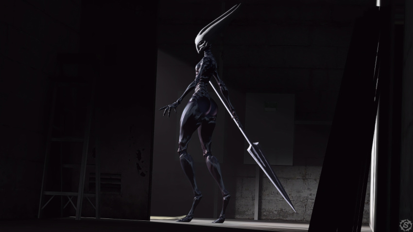 16:9 3d_(artwork) anthro arthropod black_eyes butt digital_media_(artwork) female hi_res hollow_knight hornet_(hollow_knight) humanoid melee_weapon polearm saimon solo source_filmmaker spear standing team_cherry weapon widescreen