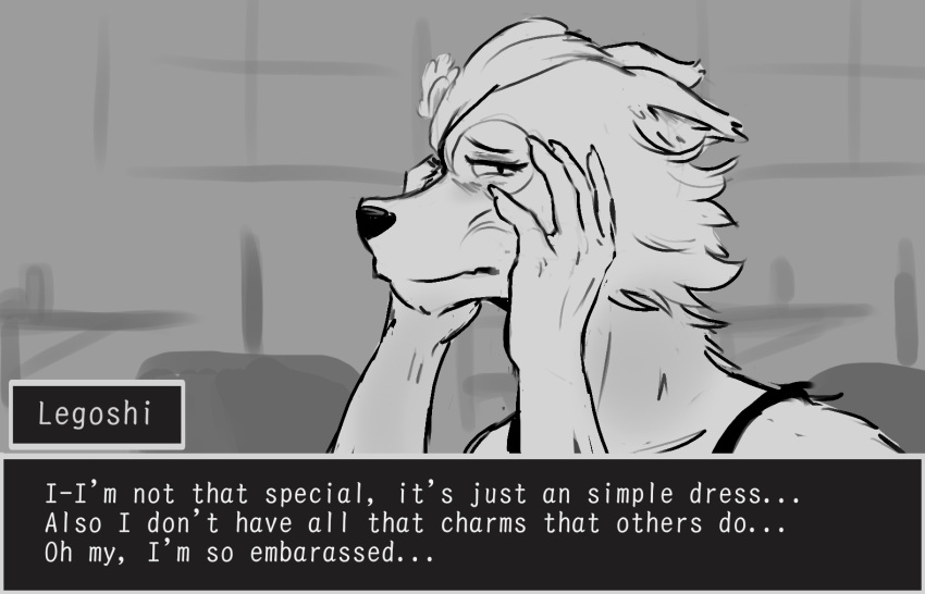 2023 5_fingers accessory anthro beastars black_clothing black_dress black_nose blush canid canine canis claws clothing dialogue digital_media_(artwork) dress ears_down embarrassed english_text eyebrows eyelashes fingers half-closed_eyes headgear headwear legoshi_(beastars) male mammal monochrome name_in_dialogue narrowed_eyes nyankyun540 pivoted_ears simple_background sketch solo speech_bubble text wolf