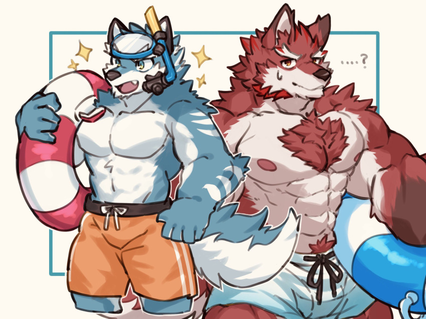2022 4:3 abs aidemcc anthro argo_(knights_college) blue_body blue_clothing blue_eyes blue_fur blue_swimming_trunks blue_swimwear canid canine canis chest_tuft clothed clothing diederich_olsen_(knights_college) digital_drawing_(artwork) digital_media_(artwork) diving_mask duo fur hi_res knights_college male mammal mask muscular muscular_anthro muscular_male orange_clothing orange_swimming_trunks orange_swimwear pecs red_body red_eyes red_fur simple_background snorkel swim_ring swimming_trunks swimwear topless tuft white_body white_fur wolf