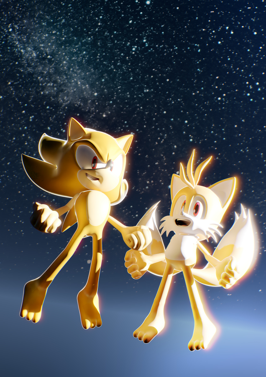 absurd_res anthro canid canine duo eulipotyphlan fox hedgehog hi_res male mammal miles_prower powering_up sega smpthehedgehog sonic_the_hedgehog sonic_the_hedgehog_(series) space super_form super_sonic super_tails