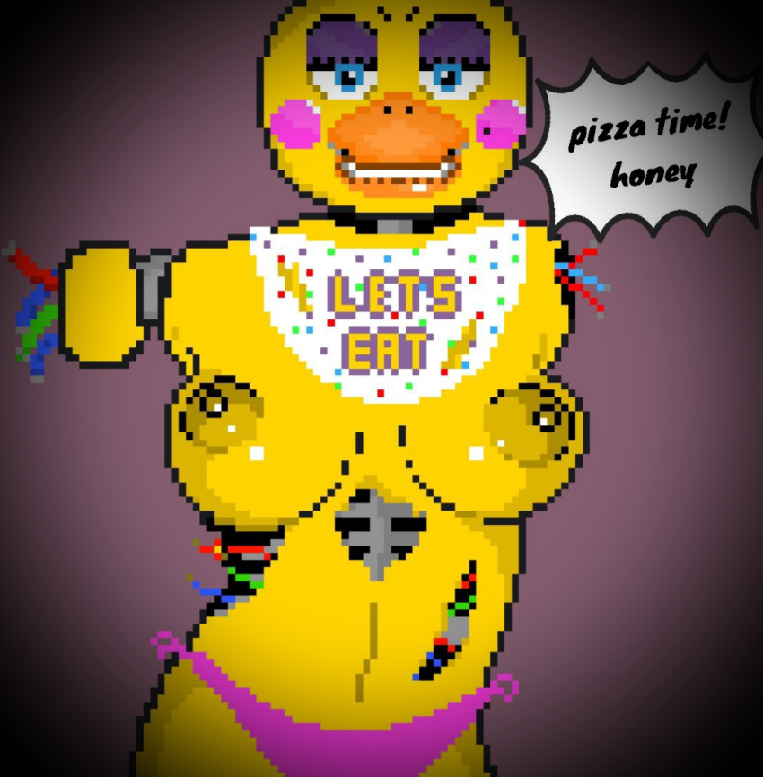 2023 animatronic anthro avian bird breasts chicken clothing dialogue digital_media_(artwork) exclamation_point female five_nights_at_freddy's five_nights_at_freddy's_2 galliform gallus_(genus) machine nipples phasianid pixel_(artwork) robot scottgames sexy_eyes solo text thong toy_chica_(fnaf) underwear
