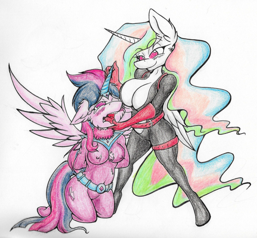 2016 anthro anthrofied bedroom_eyes belt big_breasts biped bodily_fluids bodysuit breasts cleavage clothed clothing dominant dominant_female duo equid equine feathered_wings feathers female female/female friendship_is_magic fur gloves hair handwear hasbro holding_horn horn mammal masked_matter-horn_(mlp) multicolored_hair my_little_pony narrowed_eyes nekotigerfire open_mouth pink_eyes power_ponies_(mlp) princess_celestia_(mlp) princess_twilight_sparkle_(mlp) purple_body purple_fur red_clothing red_gloves red_handwear seductive simple_background skinsuit smile spread_wings submissive submissive_female tears tight_clothing tongue tongue_out torn_clothing traditional_media_(artwork) twilight_sparkle_(mlp) two_tone_hair two_tone_tail unguligrade_anthro white_background white_body white_fur wing_boner winged_unicorn wings