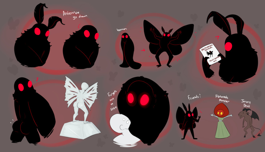 anonymous_character antennae_(anatomy) anthro arthropod black_body chibi claws cryptid flatwoods_monster group hi_res himerosthegod hybrid insect jersey_devil lepidopteran male moth mothman pamphlet red_eyes simple_background sketch stare wings