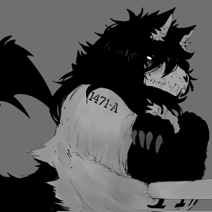 1:1 anthro big_breasts black_body black_fur black_sclera bone breasts canid canine canis claws clothed clothing female fur grey_background hi_res huge_breasts jellyborowski looking_at_viewer mammal monochrome scp-1471 scp-1471-a scp_foundation sharp_claws shirt side_view simple_background skull skull_head solo topwear torn_clothing torn_shirt torn_topwear white_eyes wolf