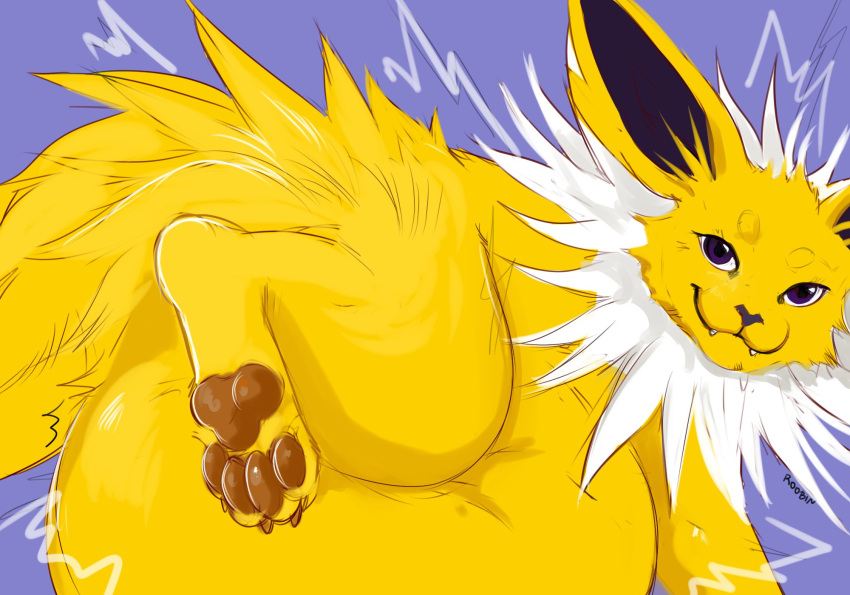 ambiguous_gender belly big_belly blue_background brown_pawpads closed_smile eeveelution fangs feet feral foot_focus fur generation_1_pokemon glistening glistening_eyes hi_res huge_belly jolteon looking_at_viewer motion_lines mouth_closed nintendo pawpads paws pokemon pokemon_(species) purple_eyes purple_inner_ear roobin side_view signature simple_background soles solo teeth toes yellow_body yellow_ears yellow_fur