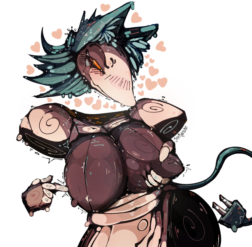 &lt;3 anthro big_breasts blue_hair blush blush_lines bodily_fluids breast_grab breast_poke breast_squeeze breasts brown_body darkner deltarune detachable detachable_arms detachable_head felid female floating_hands floating_head hair hand_on_breast hi_res huge_breasts jellyborowski machine mammal orange_eyes plug robot simple_background solo sweat sweatdrop tail tasque_manager tears thick_thighs undertale_(series) unusual_anatomy unusual_tail white_background white_body wide_hips