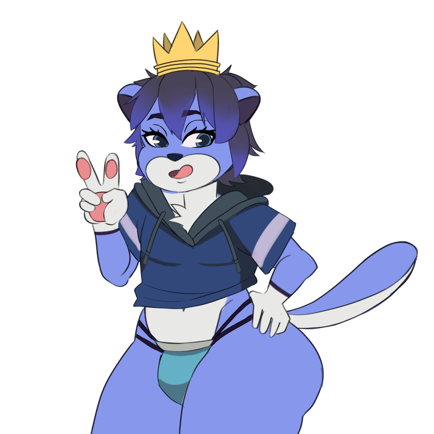 1:1 absurd_res alpha_channel anthro big_butt black_hair blue_body blue_eyes blue_fur boltzq boltzq_(awtter) butt chibi clothing crop_hoodie crop_top crown curvy_figure fur gesture girly hair headgear headwear hi_res jockstrap male mammal mustelid otter pawpads paws polarbeark shirt solo solo_focus submissive topwear underwear v_sign wide_hips young