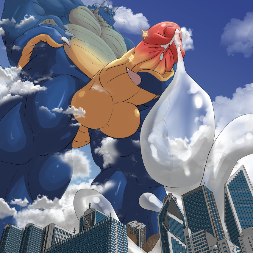 1:1 2021 aircraft airplane anthro balls big_balls big_penis biped blue_body bodily_fluids building city cloud cum cum_drip cum_flooding destruction detailed_background digital_drawing_(artwork) digital_media_(artwork) dragon dripping erection excessive_cum excessive_genital_fluids explosion genital_fluids genitals hi_res hyper hyper_cum landscape_dwarfing low-angle_view macro male masturbation mfive_(artist) muscular muscular_anthro muscular_male outside penile penile_masturbation penis solo waboul