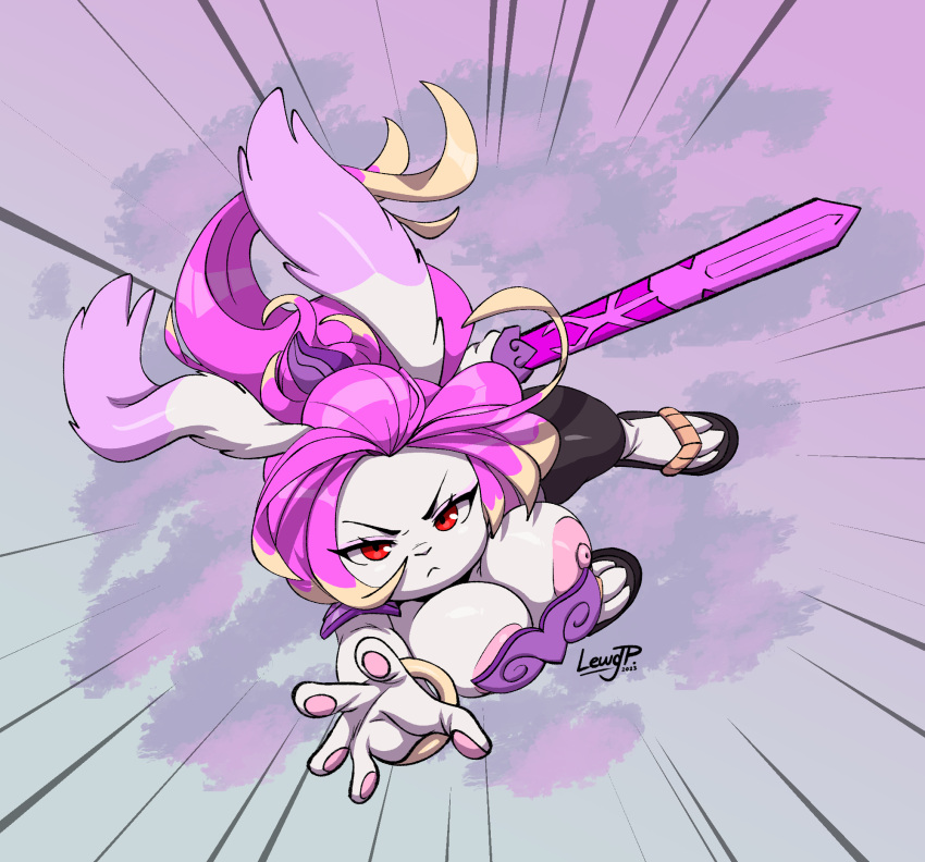 2023 3_toes 5_fingers anthro areola artist_logo breasts clothed clothing feet female fingers fur gunfire_reborn hair hi_res holding_object holding_sword holding_weapon joaoppereiraus lagomorph leporid logo mammal melee_weapon nipples pink_hair rabbit red_eyes solo sword tao_(gunfire_reborn) toes weapon white_body white_fur