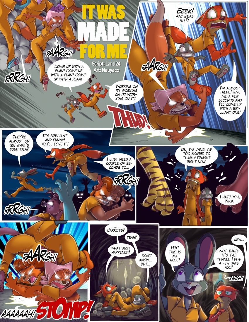 absurd_res anthro bear blue_sky canid canine character_in_background comic dialogue disney english_text female fox glowing glowing_eyes hi_res hyena jasiri_(tlg) judy_hopps lagomorph leporid maid_marian male mammal nauyaco nick_wilde prison_uniform rabbit rebecca_cunningham robin_hood_(disney) sky speech_bubble talespin text the_lion_guard the_lion_king tunnel zootopia