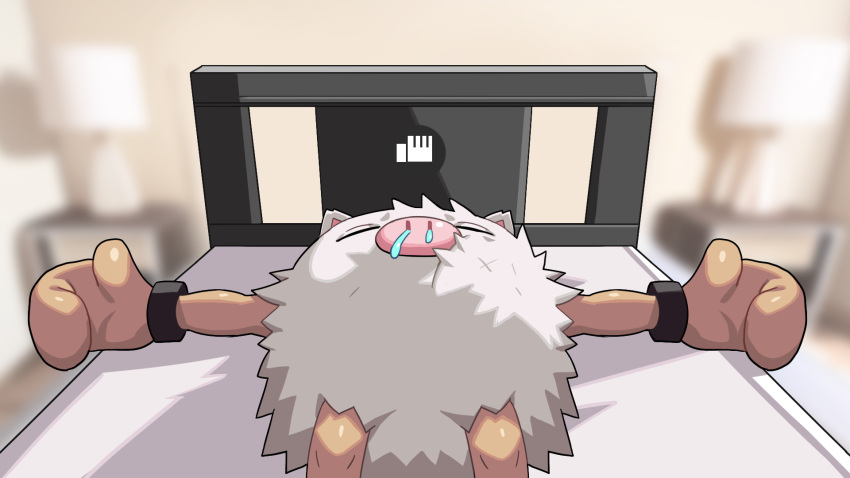 16:9 2023 ambiguous_gender bed blurred_background bodily_fluids drunk_oak eyes_closed fur furniture generation_1_pokemon hi_res lying nintendo on_back on_bed pink_inner_ear pink_nose pokemon pokemon_(species) primeape sleeping snot solo widescreen