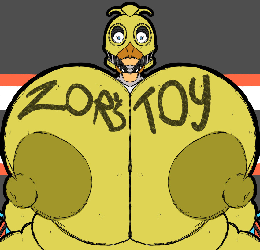 2023 absurd_res animatronic anthro areola avian beak big_breasts bird blue_eyes body_writing breasts chicken digital_media_(artwork) english_text female five_nights_at_freddy's five_nights_at_freddy's_2 galliform gallus_(genus) hi_res huge_breasts hyper hyper_breasts looking_at_viewer machine nipples non-mammal_breasts non-mammal_nipples nude open_beak open_mouth phasianid robot scottgames solo text withered_chica_(fnaf) yellow_areola yellow_body yellow_nipples zoruadrawsstuff