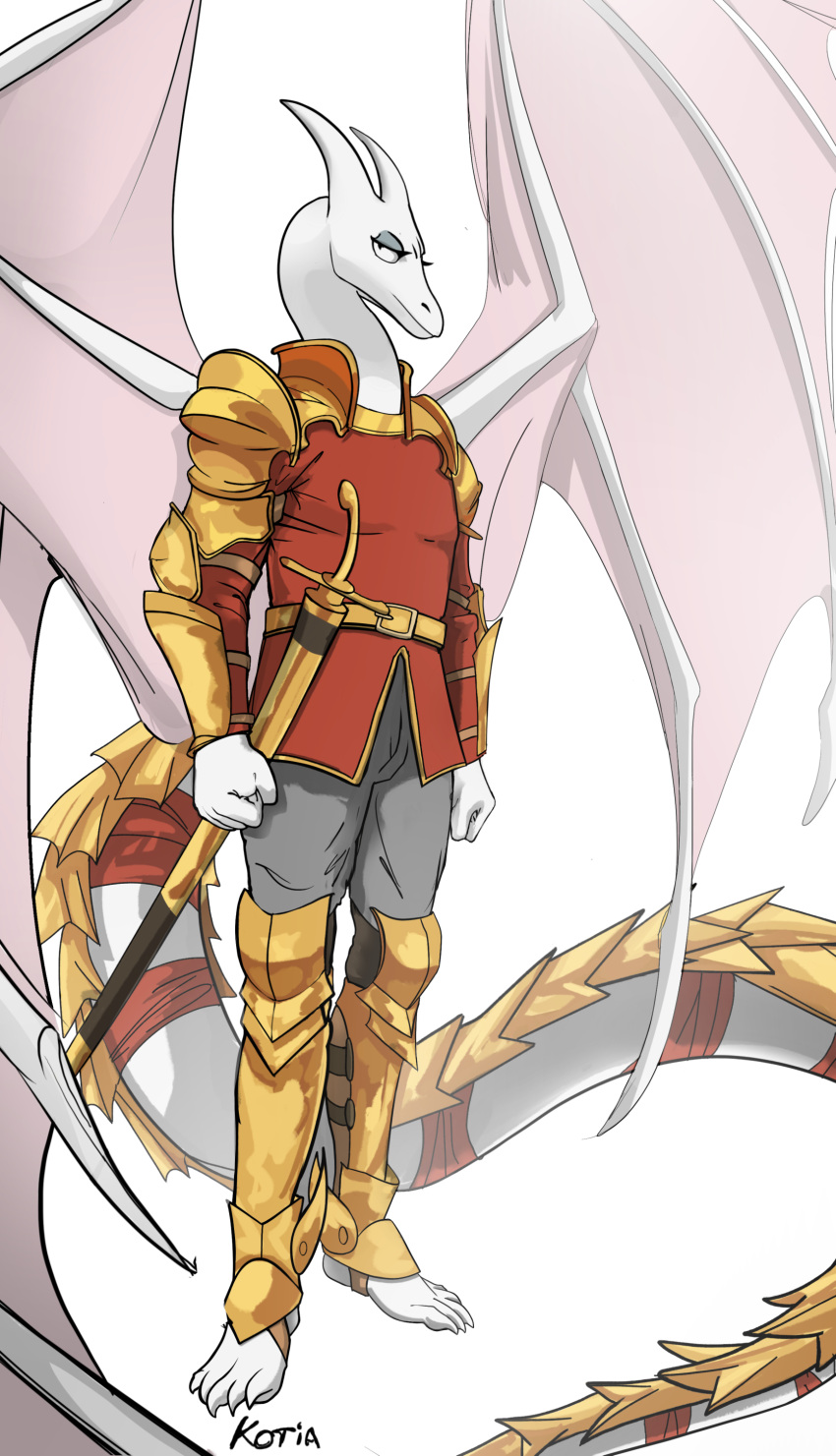 absurd_res anthro armor armored_tail barefoot claws clothed clothing digital_media_(artwork) dragon eyelashes eyeshadow feet hi_res horn kotia makeup male melee_weapon membrane_(anatomy) membranous_wings raised_wings scalie shoulder_guards simple_background skinny solo spread_wings tail weapon white_body wings