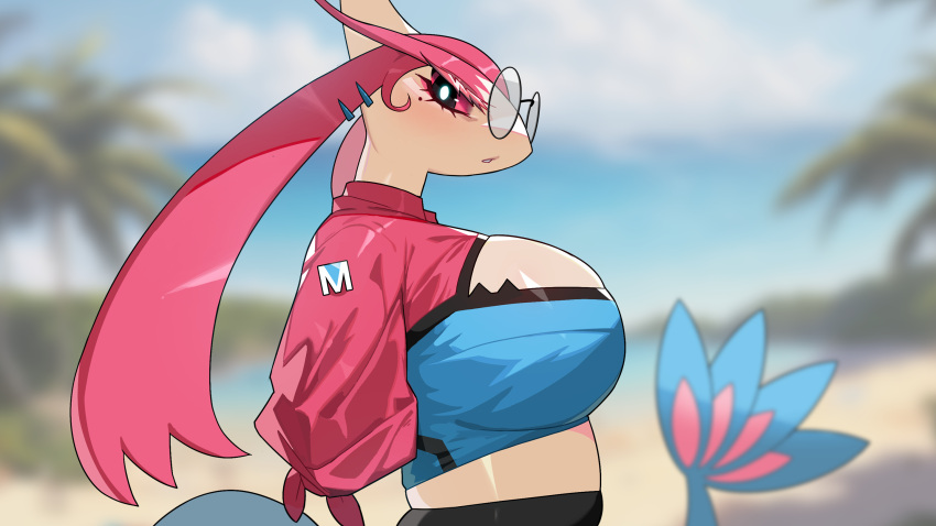 16:9 2023 anthro big_breasts blue_clothing blue_topwear blurred_background breasts clothed clothing drunk_oak eyewear female generation_3_pokemon glasses hair hi_res milotic nintendo pink_clothing pink_hair pink_topwear pokemon pokemon_(species) round_glasses solo topwear widescreen