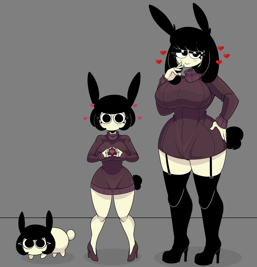 &lt;3 absurd_res animal_humanoid big_breasts black_body black_eyes black_fur black_hair blush blush_lines boots breasts clothing cotton_tail eyelashes female feral footwear fur garter_straps grey_background group hair hand_on_hip hi_res high_heeled_boots high_heels huge_breasts humanoid lagomorph lagomorph_humanoid legwear leporid leporid_humanoid looking_at_viewer mammal mammal_humanoid mature_female purple_clothing purple_footwear purple_shoes purple_sweater purple_topwear rabbit rabbit_humanoid rose_(saltynoodles) saltynoodles shoes short_hair simple_background sweater tan_body tan_skin thick_thighs thigh_boots thigh_highs topwear trio wide_hips