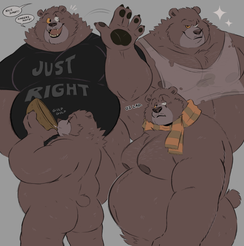 2023 anthro bear belly big_belly brown_body butt clothing dialogue dreamworks english_text hi_res humanoid_hands male mammal mature_male moobs multiple_poses nipples overweight overweight_male papa_bear_(puss_in_boots) pose puss_in_boots_(film) puss_in_boots_the_last_wish scar scarf shirt solo splashburr text text_on_clothing text_on_shirt text_on_topwear topwear