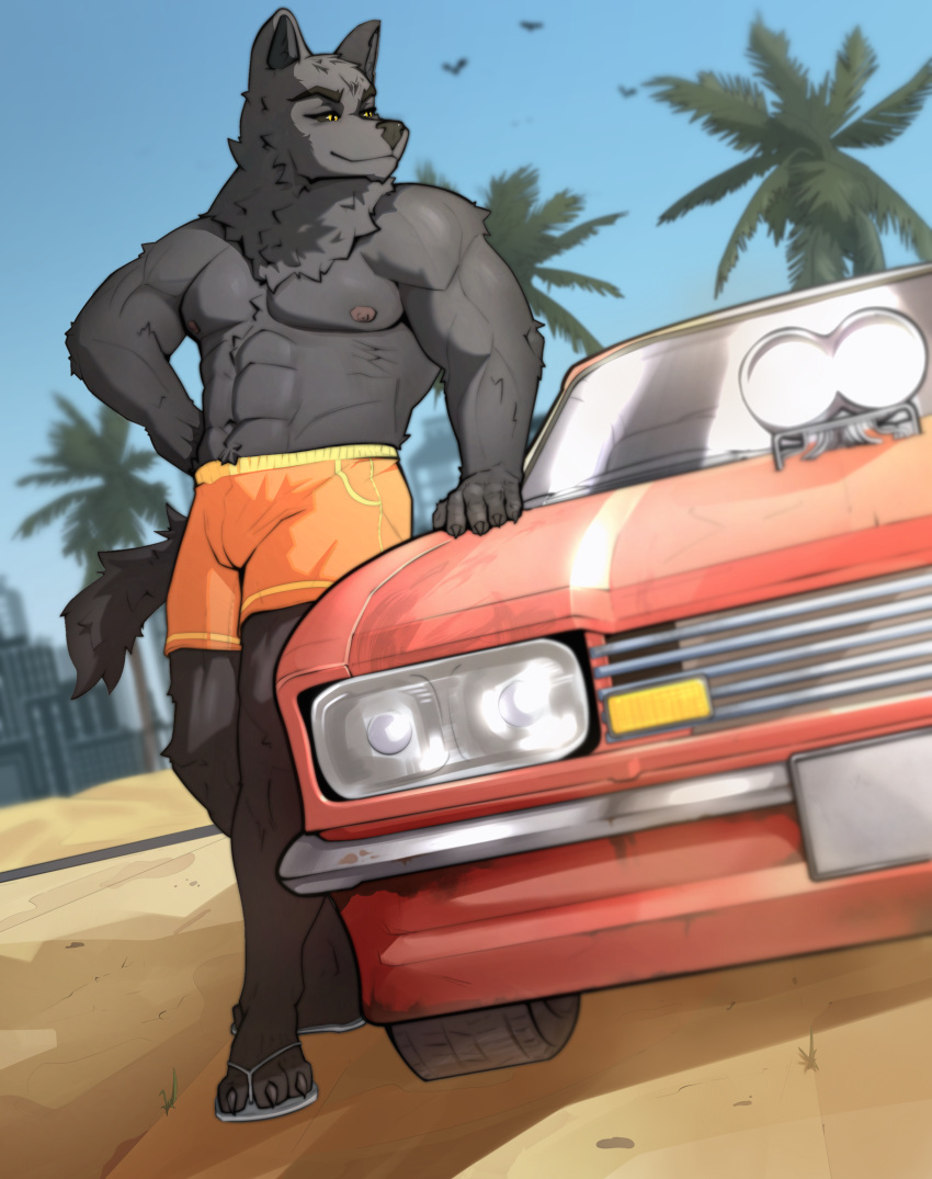 5_fingers abs absurd_res anthro beach biceps canid canine canis car city clothed clothing darian digital_media_(artwork) feet fingers fur grey_body grey_fur grey_hair grey_tail hair hi_res humanoid hybrid male male/male mammal muscular muscular_anthro muscular_male nipples onigirichan_art orange_eyes palm_tree plant sand seaside shadow simple_background sky smile solo solo_focus tail tree vehicle wolf wolf_tail