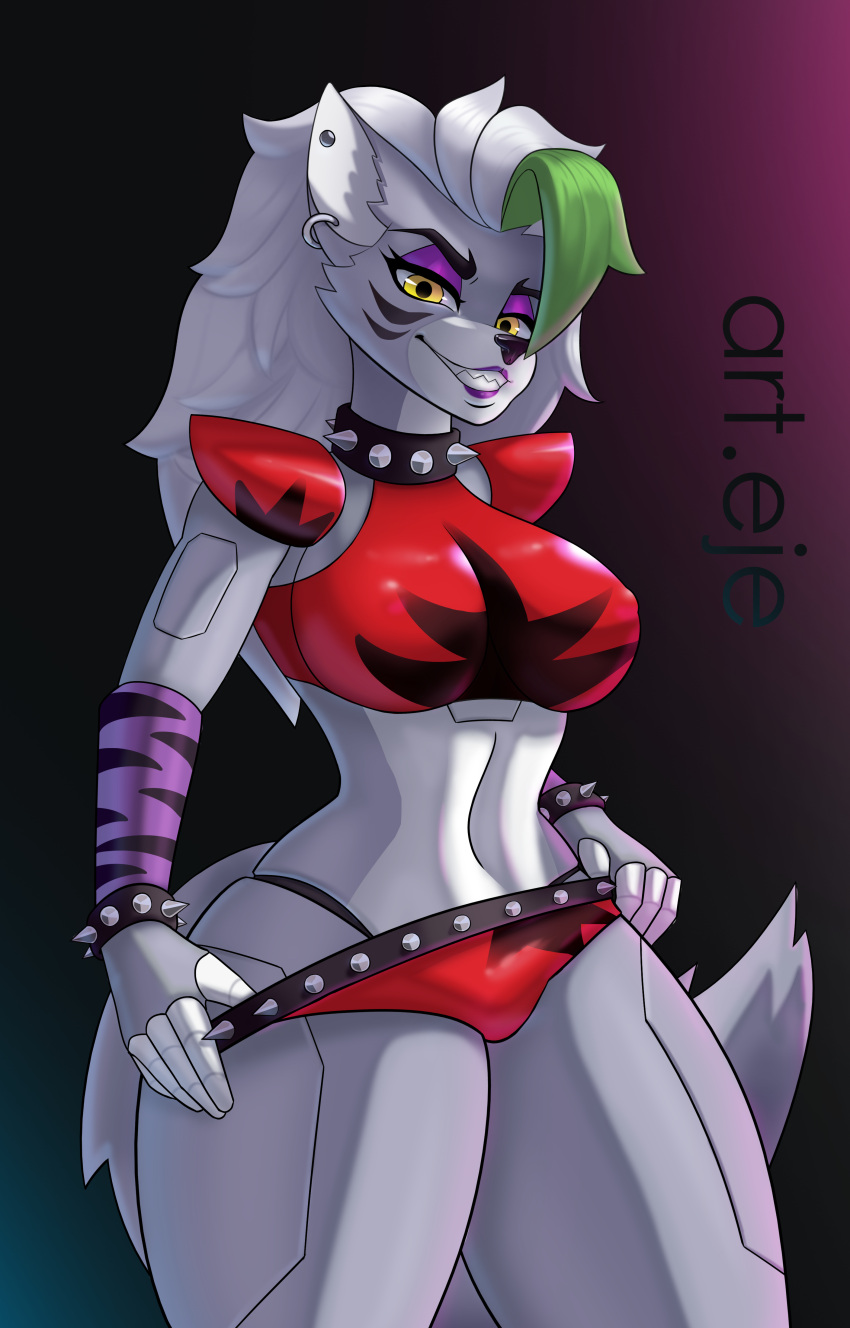 2023 absurd_res animatronic anthro armwear art.eje black_lips bra bracelet breasts canid canine canis clothed clothing collar digital_media_(artwork) ear_piercing ear_ring female five_nights_at_freddy's five_nights_at_freddy's:_security_breach fur green_hair grey_body grey_fur hair hi_res jewelry kneeling legwear lips long_hair looking_at_viewer machine mammal multicolored_hair piercing ring_piercing robot roxanne_wolf_(fnaf) scottgames sharp_teeth solo spiked_bracelet spiked_collar spikes teeth two_tone_hair underwear wolf yellow_eyes