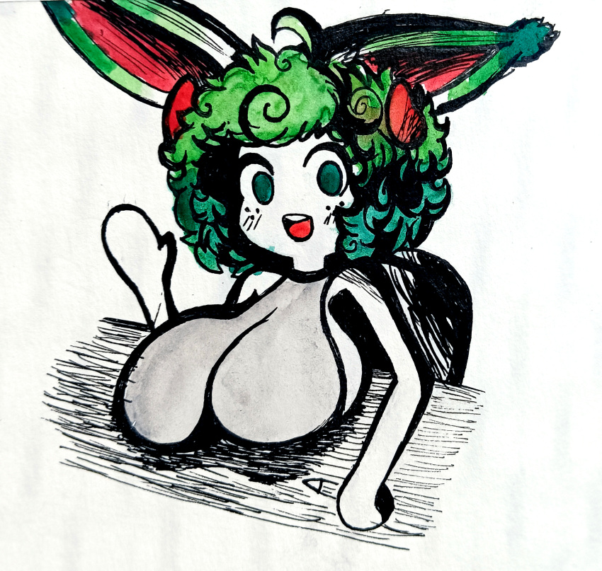 big_breasts bovid breasts caprine clothed clothing desk female furniture gesture green_hair hair hi_res high_contrast horn lagomorph leporid mammal painting_(artwork) rabbit red_horn sheebi sheebibites sheep table teal_eyes traditional_media_(artwork) watercolor_(artwork) waving