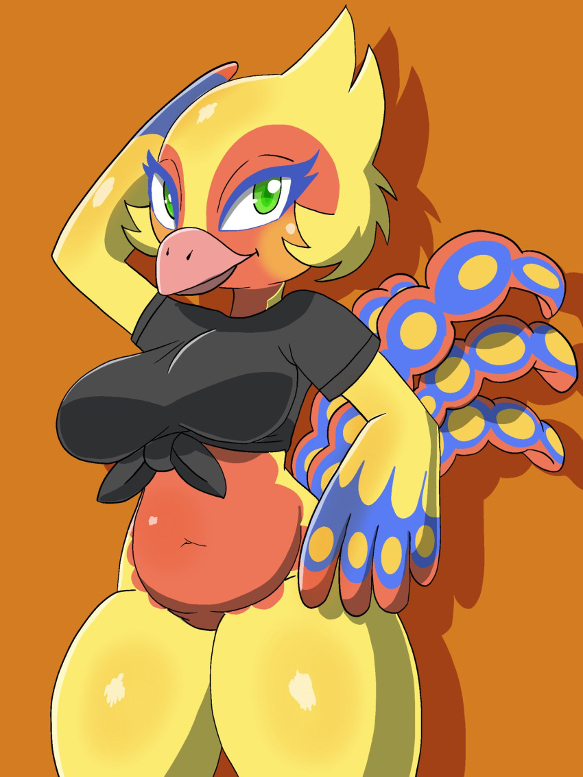 animal_crossing anthro avian beak belly big_breasts biped bird blue_eyelashes blush bottomless bottomless_female breasts clothed clothing curvy_figure deliveryboi digital_drawing_(artwork) digital_media_(artwork) feathers featureless_crotch female green_eyes hi_res looking_at_viewer monotone_background multicolored_body navel nintendo nojimmyplz orange_background ostrich phoebe_(animal_crossing) portrait ratite simple_background slightly_chubby slightly_chubby_female solo thick_thighs three-quarter_portrait two_tone_body two_tone_face unavailable_at_source voluptuous wide_hips yellow_body