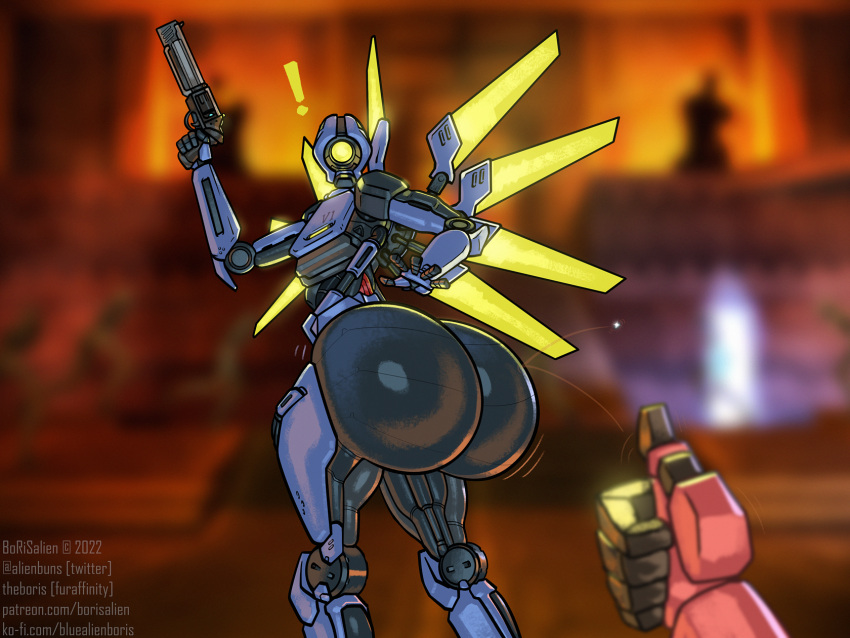 1_eye 2022 4:3 ambiguous_gender big_butt blue_body borisalien butt butt_focus duo exclamation_point gun hi_res holding_gun holding_object holding_weapon huge_butt humanoid looking_back machine new_blood_interactive not_furry ranged_weapon red_body robot robot_humanoid standing text ultrakill url v1_(ultrakill) v2_(ultrakill) weapon wings yellow_eyes yellow_wings