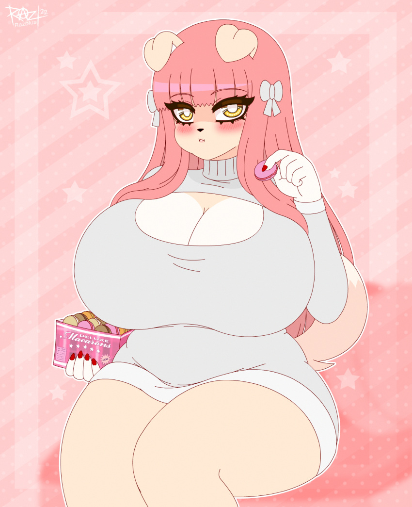 breasts canid canine clothing colored_nails cookie eating female food hair hi_res long_hair lucille_lilac macaroon mammal nails pink_hair razplus ribbons slightly_chubby sweater topwear yellow_eyes