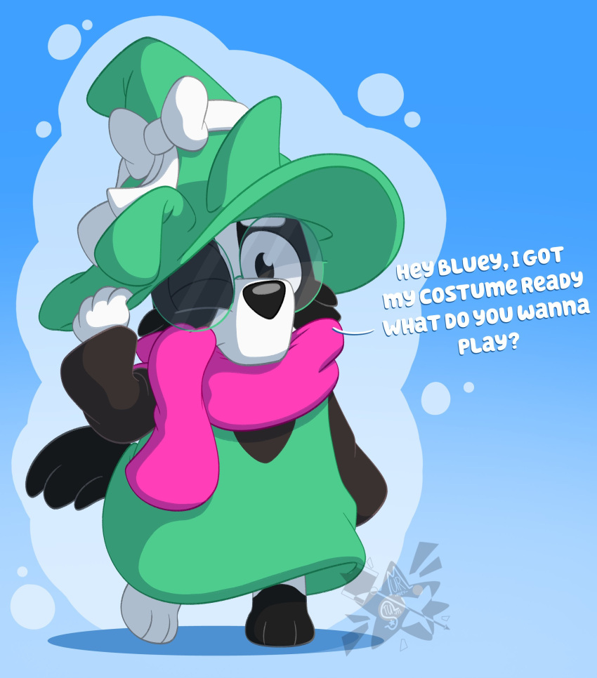 2023 absurd_res anthro bluey_(series) border_collie canid canine canis clothing collie cosplay deltarune dialogue domestic_dog english_text eyewear glasses hat headgear headwear herding_dog hi_res looking_at_viewer mackenzie_(bluey) male mammal murpheyarts one_eye_closed pastoral_dog ralsei scarf sheepdog solo text undertale_(series) wink