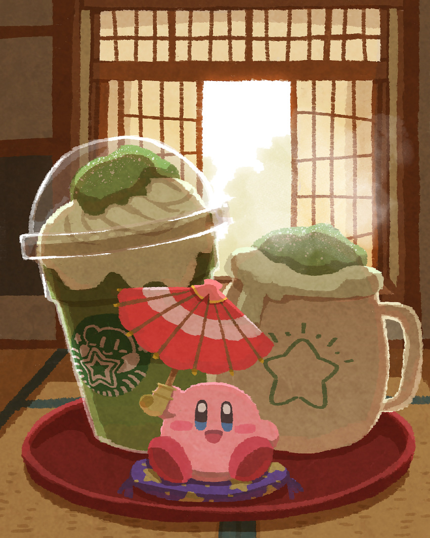 4:5 :d alien ambiguous_gender ara_love_kirby bald barefoot beverage blue_eyes building container crossover cup dairy_products detailed detailed_background door doorway earless feet food glistening glistening_eyes happy hi_res holding_object holding_umbrella house inside japanese_house kirby kirby_(series) logo logo_parody looking_at_viewer mug multicolored_body multicolored_skin nintendo noseless not_furry nude o_o on_pillow open_mouth open_smile paper_umbrella pillow pink_body pink_skin plant pose raised_arm red_body red_skin red_tongue rosy_cheeks round_body round_eyes shadow sitting size_difference sky smile smiling_at_viewer solo sphere_creature star star_pillow starbucks steam tongue toony tray tree umbrella waddling_head warp_star whipped_cream wide_eyed