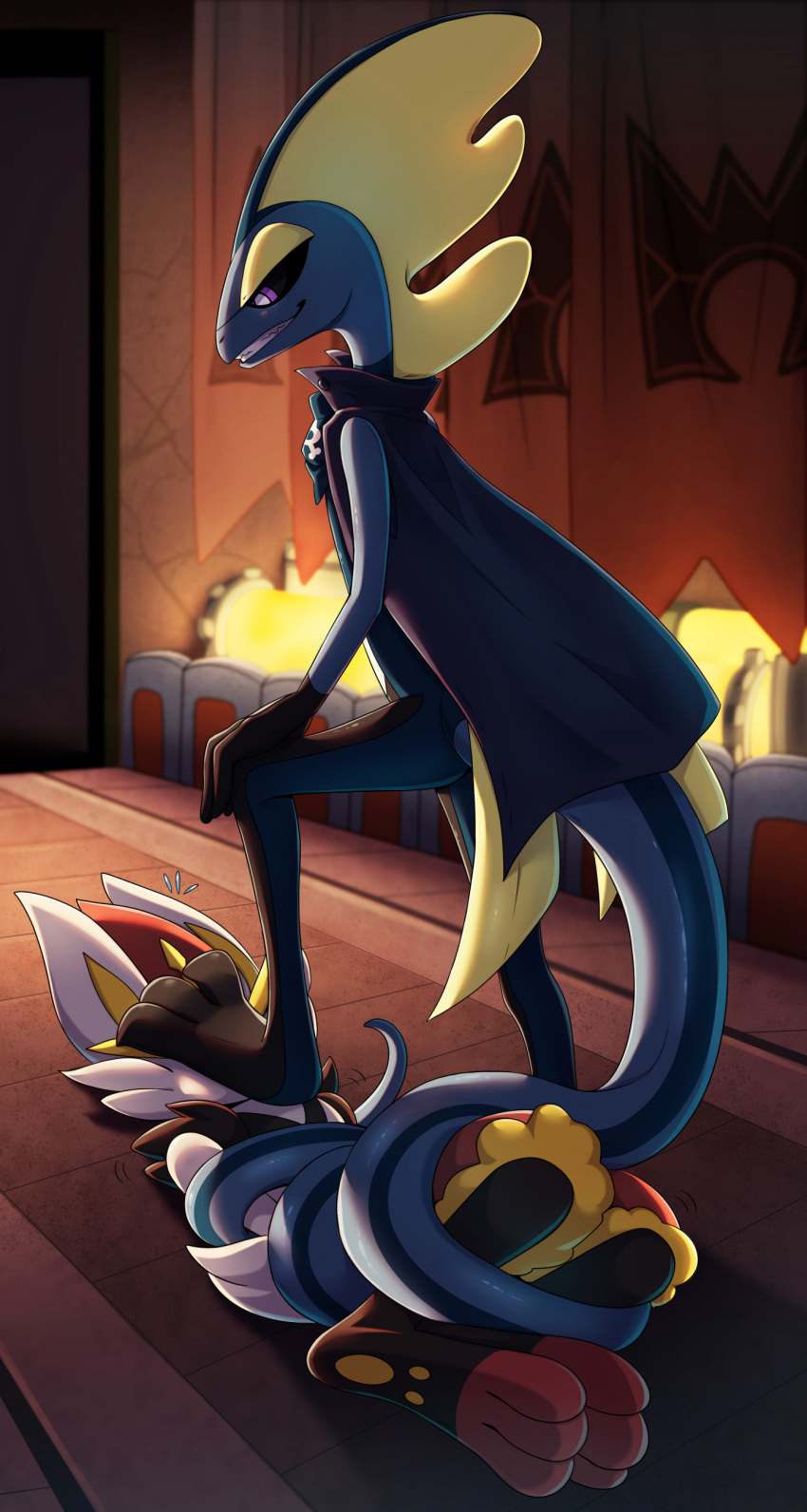 absurd_res anthro blue_body cape cinderace clothing dominant dominant_male donutella duo feet foot_fetish foot_focus foot_on_face foot_play fur generation_8_pokemon grin hi_res inteleon lagomorph long_tail lying male male_on_bottom male_on_top mammal nintendo on_back on_bottom on_ground on_top pokemon pokemon_(species) reptile scalie smile stepping_on_face submissive submissive_male tail tail_coil team_magma teeth white_body white_fur